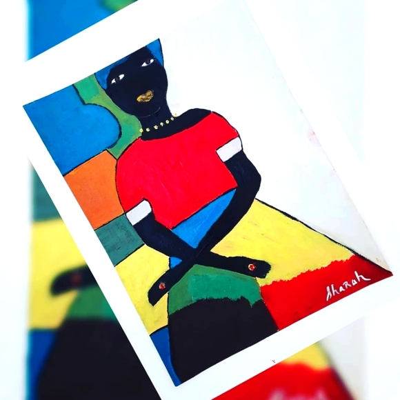 11x14 Original Painting African woman red yellow blueethnic natural hair